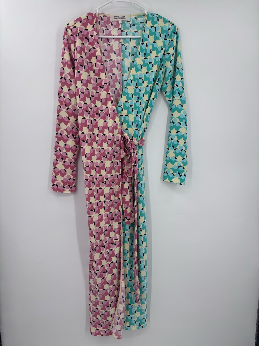 Diane Von Furstenberg Two-Tone Pink & Aqua Wrap Midi Dress - Picture 3 of 11